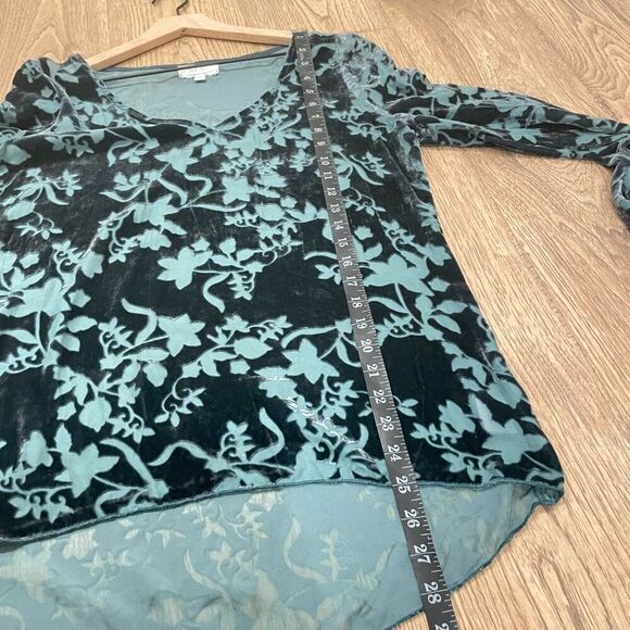 Jade Johnny Was Green Silk Floral Velvet Burnout Tiered Long Sleeve Top Small - Picture 9 of 10